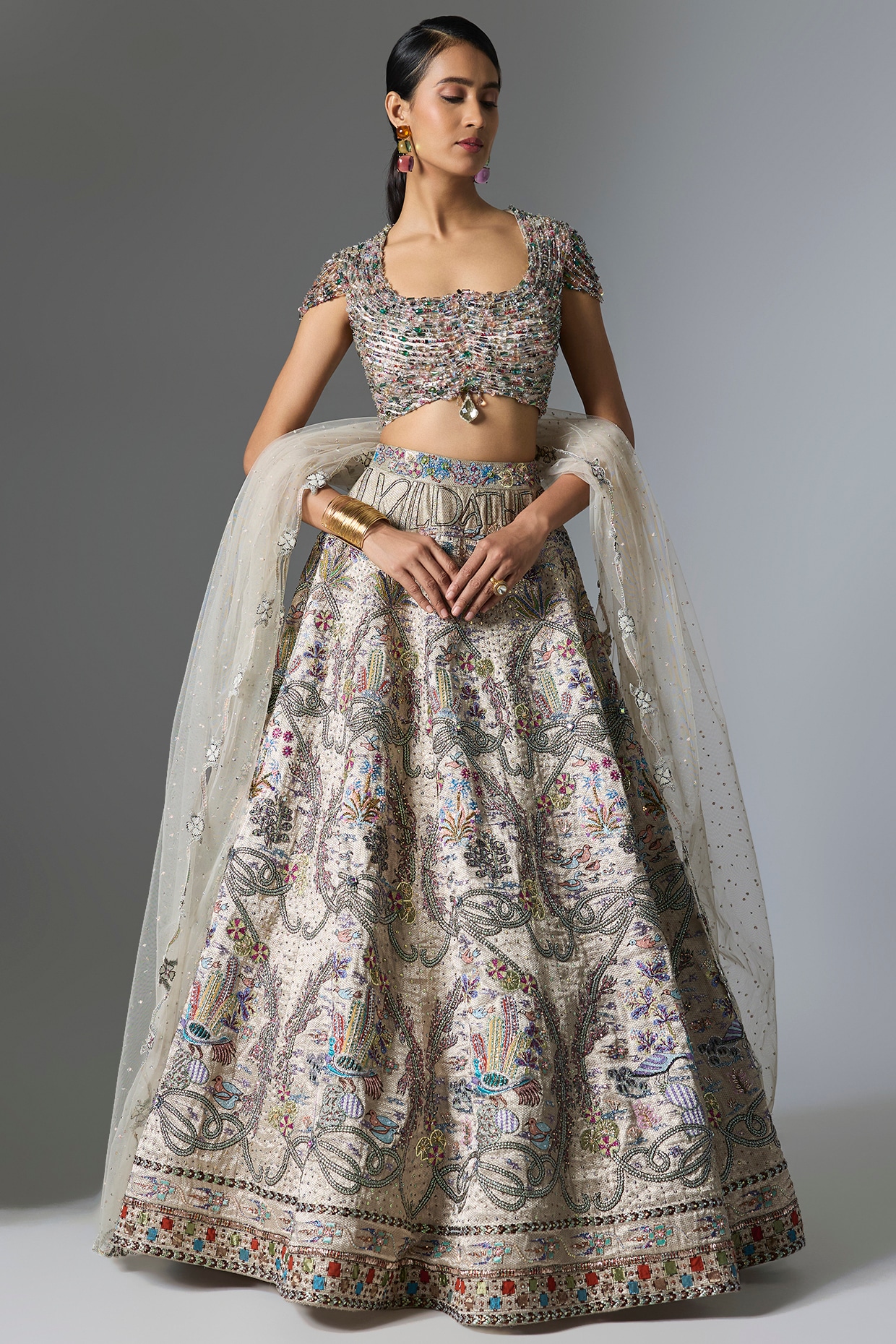 Aisha Rao Silver Banarasi Tissue Brocade Embellished Lehenga Set