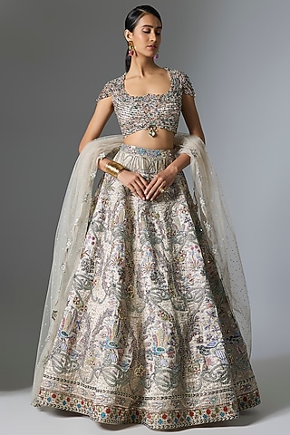 Silver Banarasi Tissue Brocade Embellished Lehenga Set by Aisha Rao