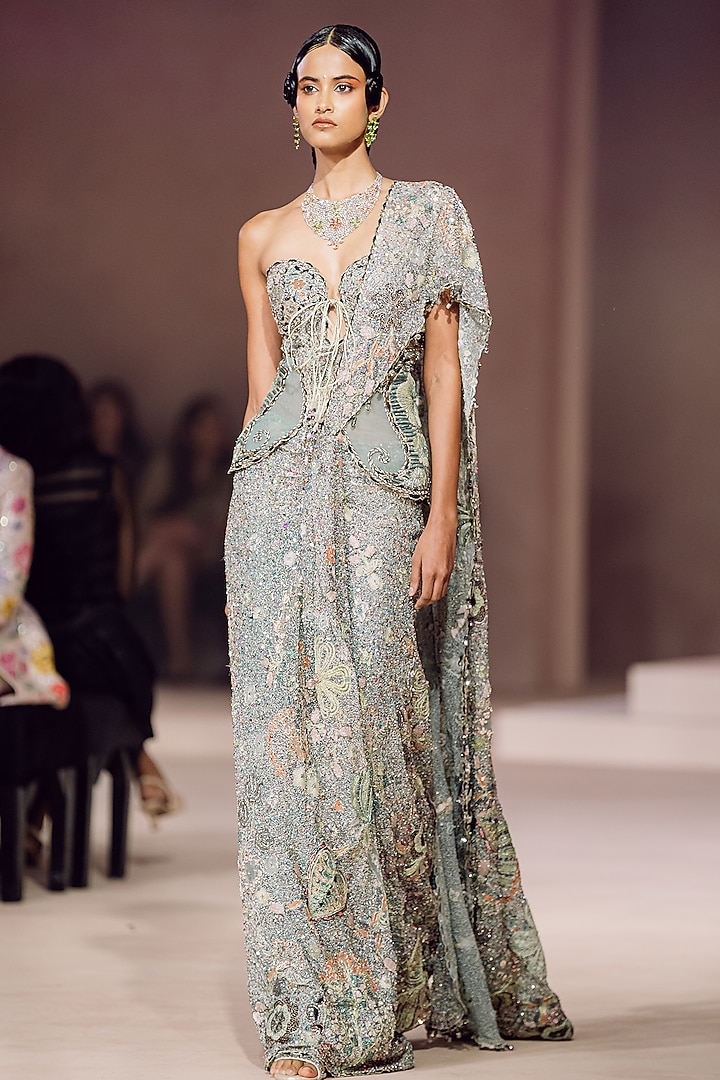 Blue Sequins Tulle Applique Embellished Draped Bridal Saree Set by Aisha Rao at Pernia's Pop Up Shop