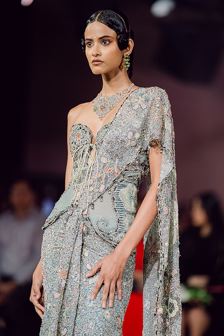 Blue Sequins Tulle Applique Embellished Draped Bridal Saree Set by Aisha Rao at Pernia's Pop Up Shop