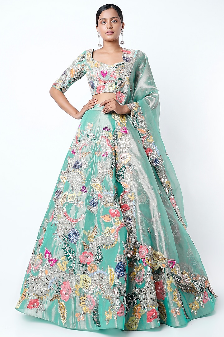 Turquoise Embellished Lehenga Set by Aisha Rao