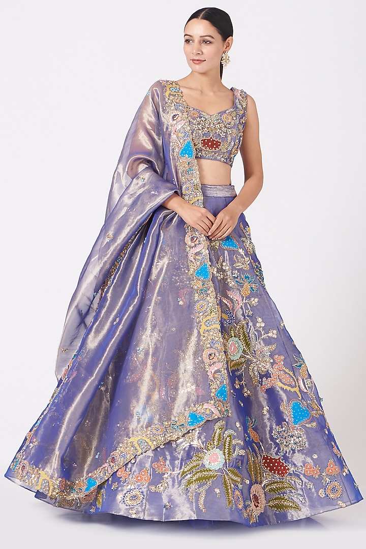 Light Fuchsia Blue Embroidered Bridal Lehenga Set by Aisha Rao at Pernia's Pop Up Shop