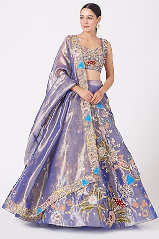 Light Fuchsia Blue Embroidered Lehenga Set by Aisha Rao