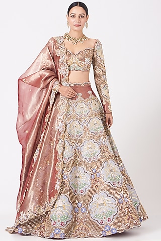 Pastel Red Embroidered Lehenga Set by Aisha Rao