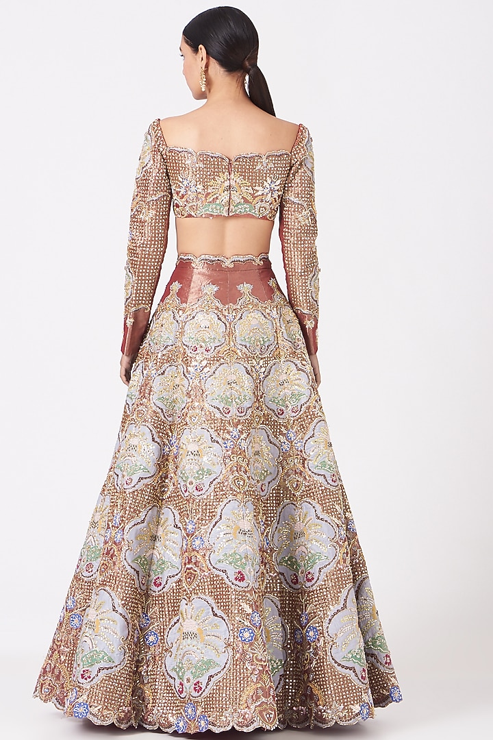 Pastel Red Embroidered Bridal Lehenga Set by Aisha Rao at Pernia's Pop Up Shop