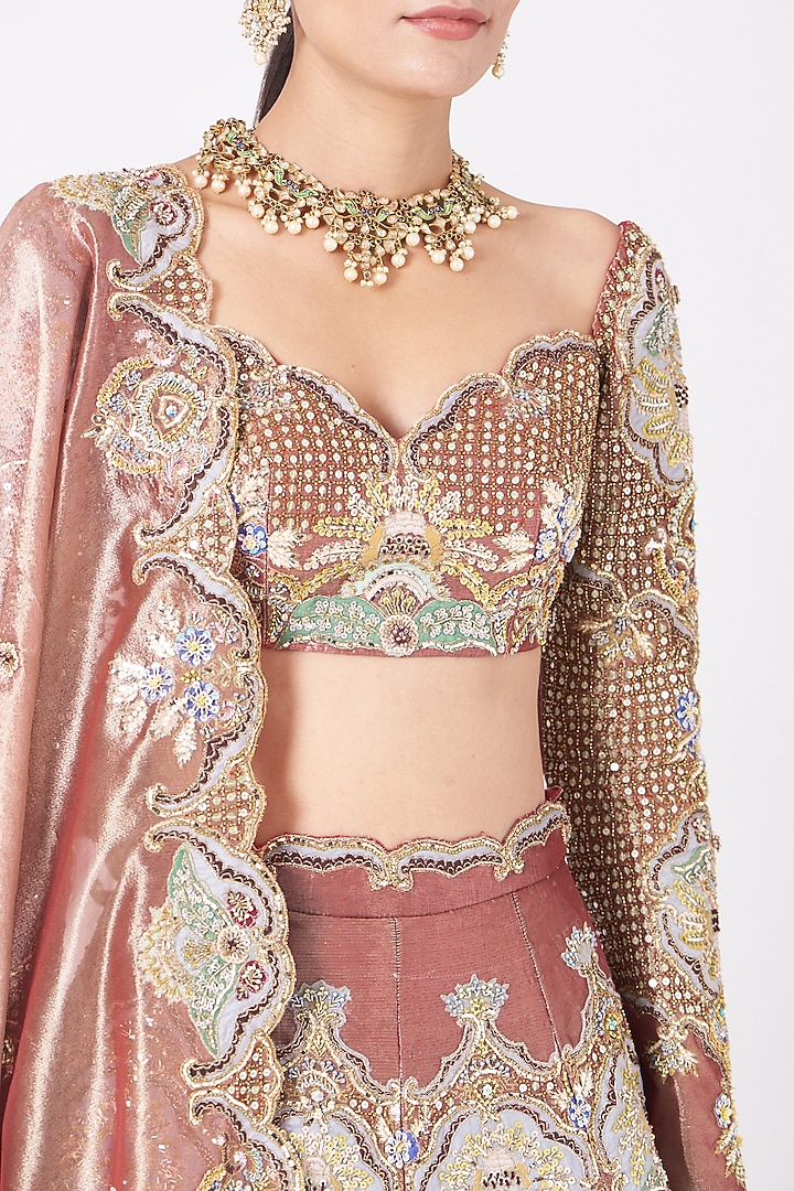 Pastel Red Embroidered Bridal Lehenga Set by Aisha Rao at Pernia's Pop Up Shop