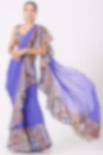 Iris Blue Organza Printed & Cutdana Embroidered Ruffled Reception Saree Set by Aisha Rao at Pernia's Pop Up Shop