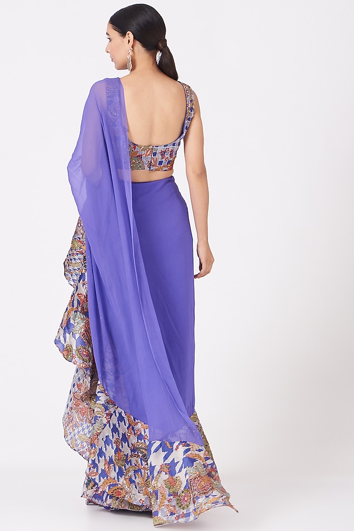Iris Blue Organza Printed & Cutdana Embroidered Ruffled Reception Saree Set by Aisha Rao at Pernia's Pop Up Shop