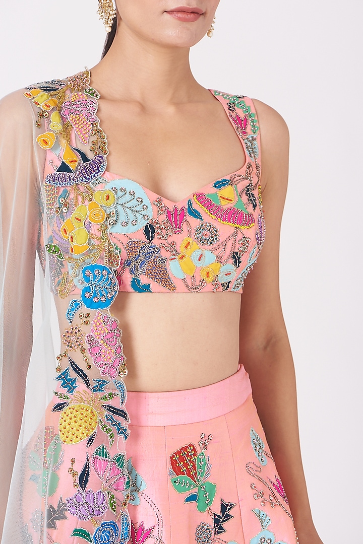 Tropical Peach Printed & Embroidered Bridal Lehenga Set by Aisha Rao at Pernia's Pop Up Shop