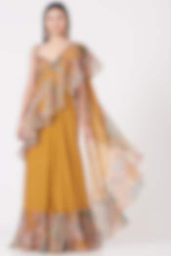 Yellow Printed & Embellished Ruffled Saree Set by Aisha Rao