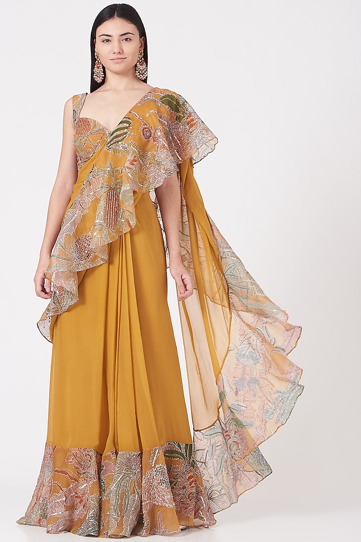 Yellow Printed & Embellished Ruffled Saree Set by Aisha Rao