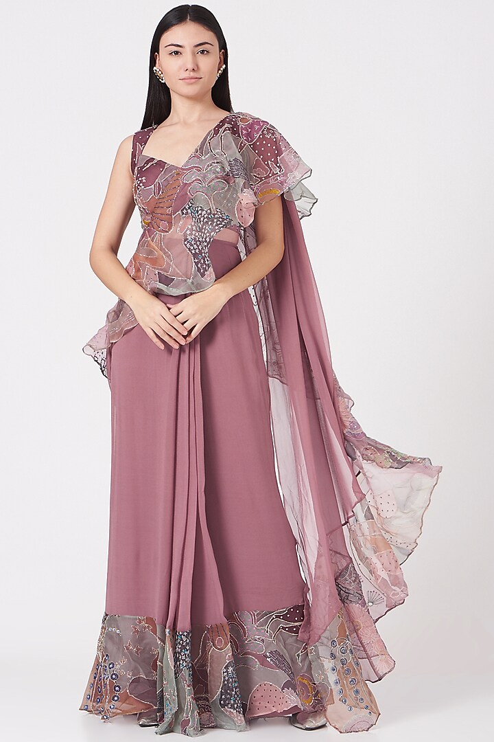 Peach Printed & Embellished Ruffled Saree Set by Aisha Rao