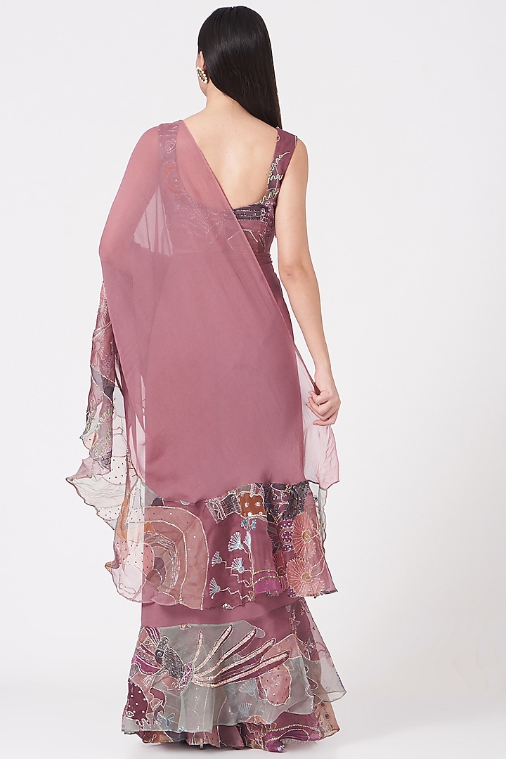 Peach Printed & Embellished Ruffled Reception Saree Set by Aisha Rao at Pernia's Pop Up Shop