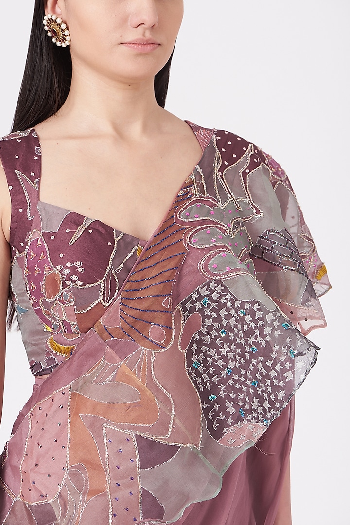 Peach Printed & Embellished Ruffled Reception Saree Set by Aisha Rao at Pernia's Pop Up Shop