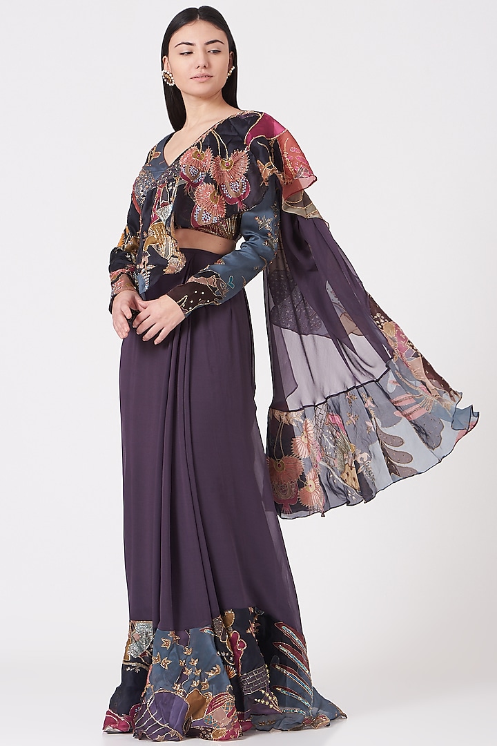 Violet Printed & Embellished Saree Set by Aisha Rao