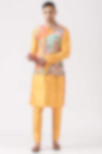 Yellow Kurta Set with Printed Bundi Jacket by Aisha Rao Men