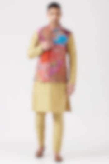Beige Kurta Set With Plum Bundi Jacket by Aisha Rao Men