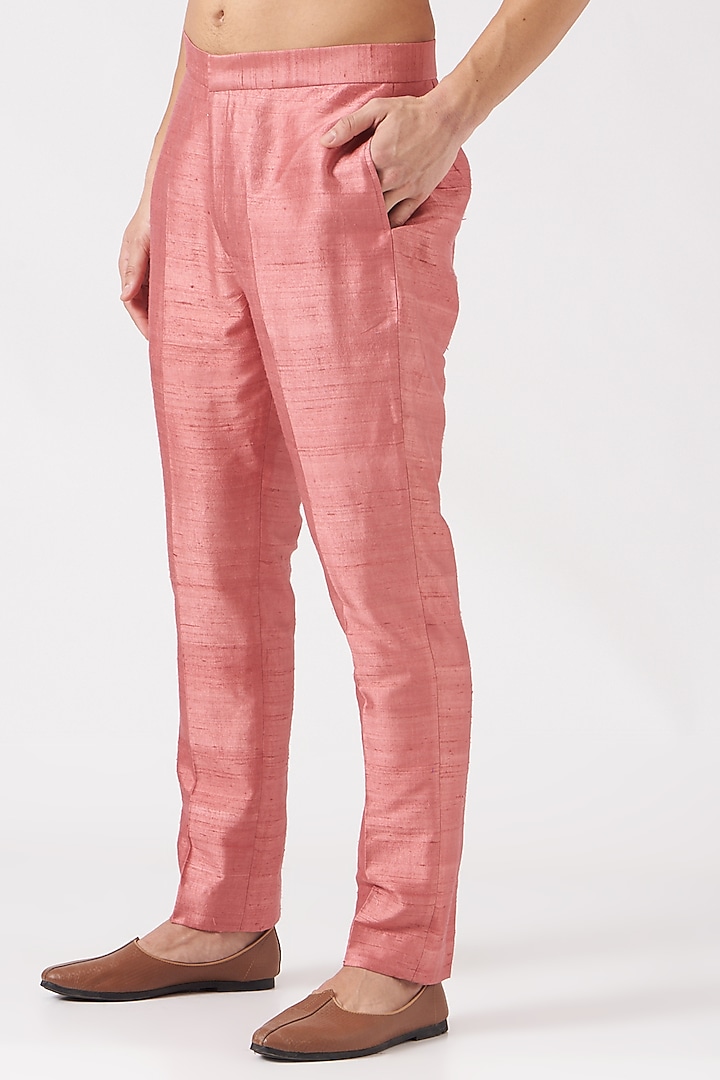 Peach Raw Silk Printed & Embellished Bundi Jacket Set by Aisha Rao Men at Pernia's Pop Up Shop