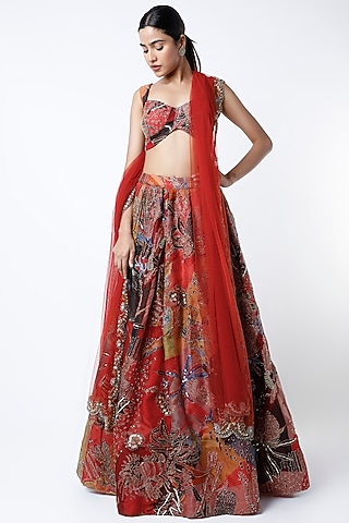 Red Embellished Lehenga Set by Aisha Rao