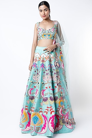 Scuba Blue Embellished Lehenga Set by Aisha Rao