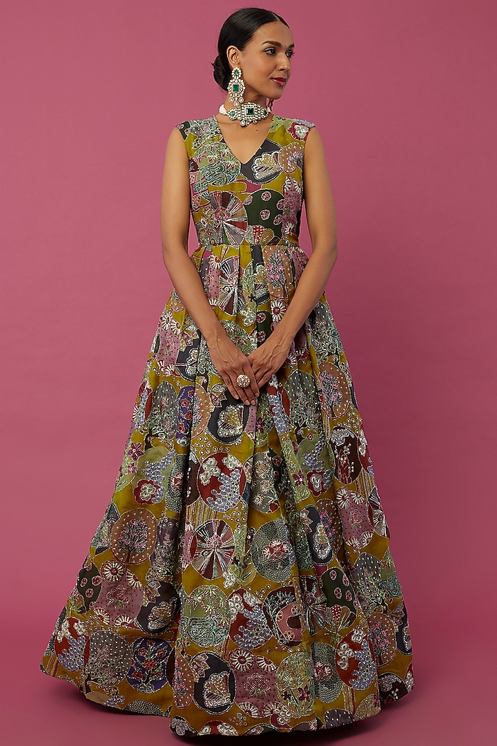 Multi-Colored Embellished Gown by Aisha Rao