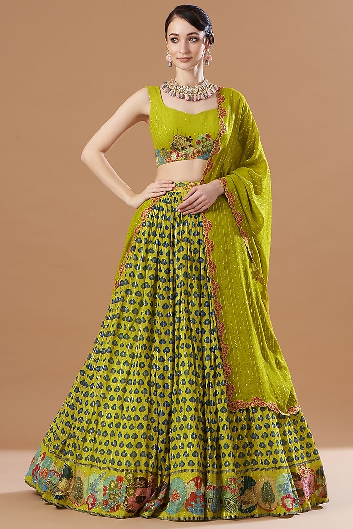 Green Organza Printed Wedding Lehenga Set by Aisha Rao at Pernia's Pop Up Shop