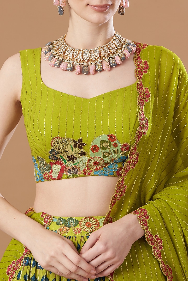 Green Organza Printed Wedding Lehenga Set by Aisha Rao at Pernia's Pop Up Shop