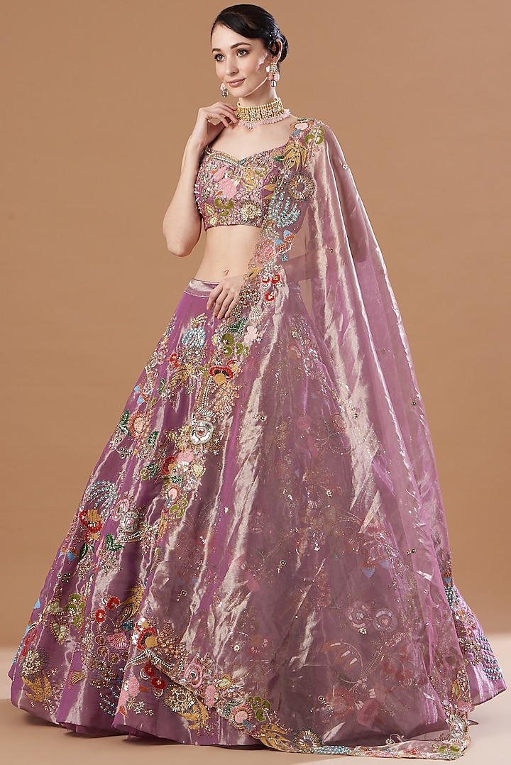 Purple Tissue Embellished Lehenga Set by Aisha Rao