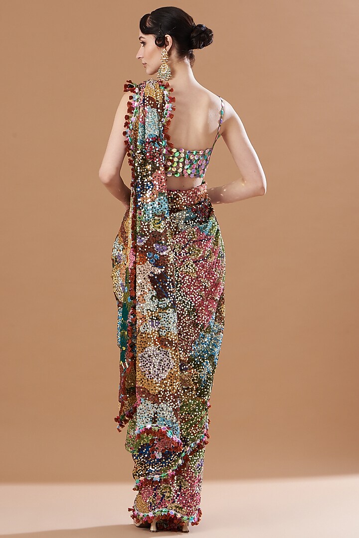 Multi-Colored Georgette Sequins Embroidered Bridal Saree Set by Aisha Rao at Pernia's Pop Up Shop