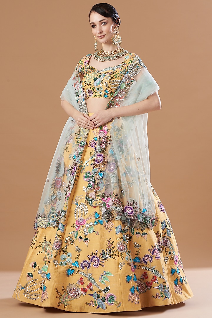Yellow Raw Silk Embroidered Lehenga Set by Aisha Rao