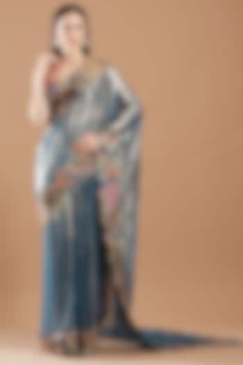 Blue Dobby Trencadis Embellished Pre-Draped Reception Saree Set by Aisha Rao at Pernia's Pop Up Shop