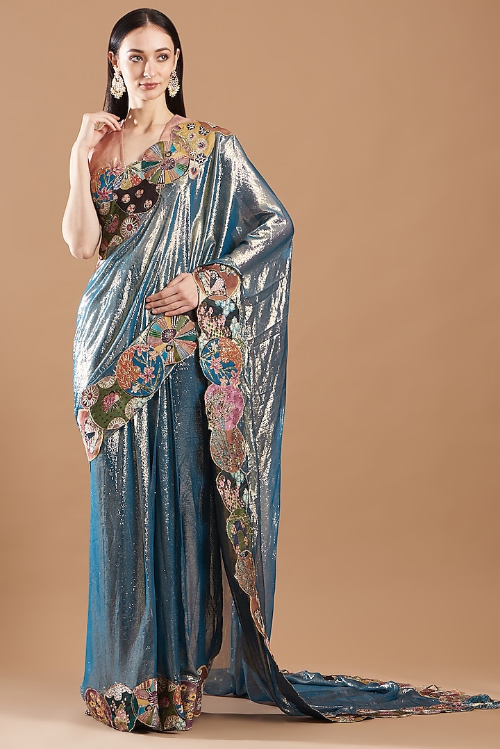 Blue Dobby Trencadis Embellished Pre-Draped Reception Saree Set by Aisha Rao at Pernia's Pop Up Shop