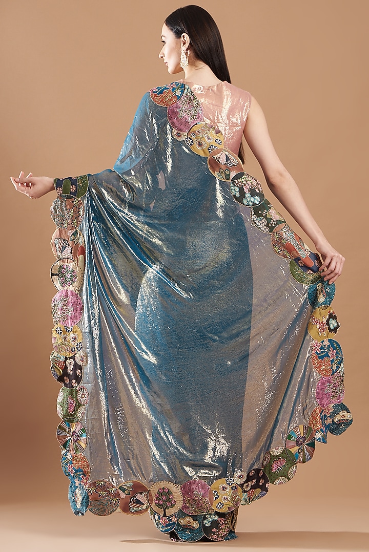 Blue Dobby Trencadis Embellished Pre-Draped Reception Saree Set by Aisha Rao at Pernia's Pop Up Shop