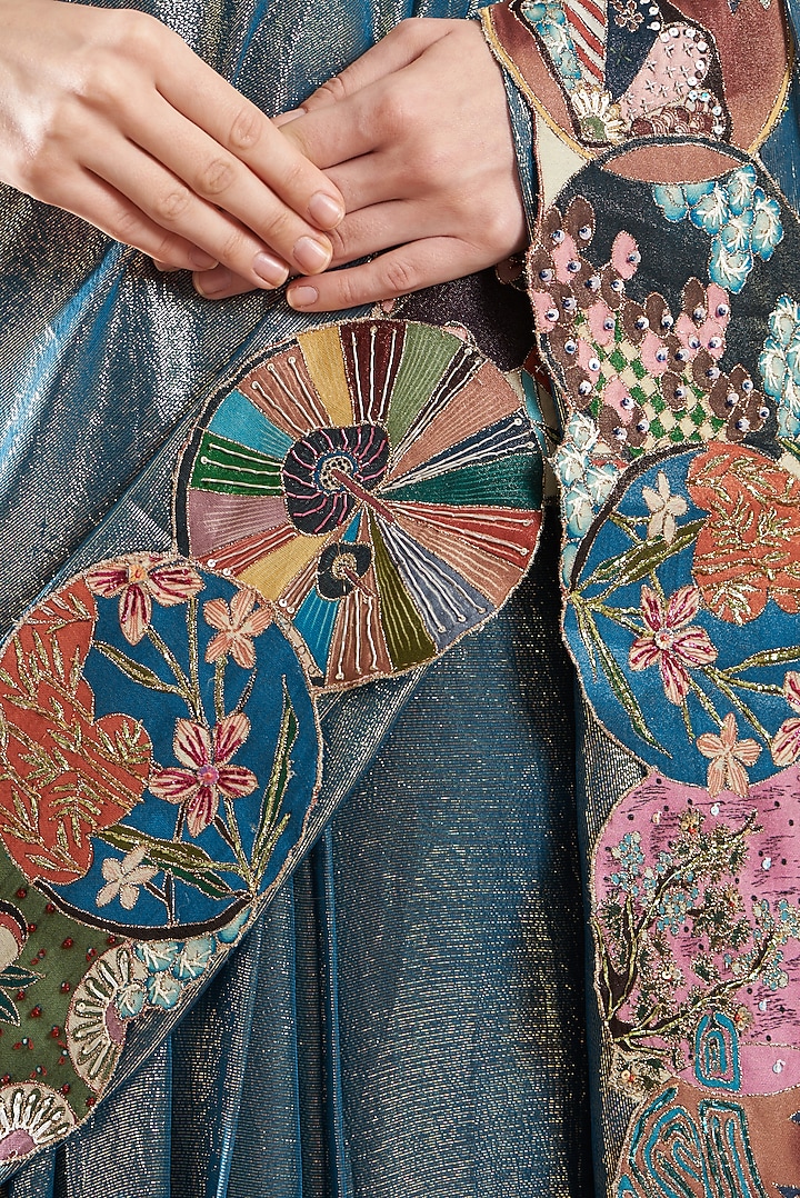 Blue Dobby Trencadis Embellished Pre-Draped Reception Saree Set by Aisha Rao at Pernia's Pop Up Shop