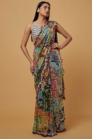 Multi-Colored Georgette Sequins Embroidered Saree Set by Aisha Rao
