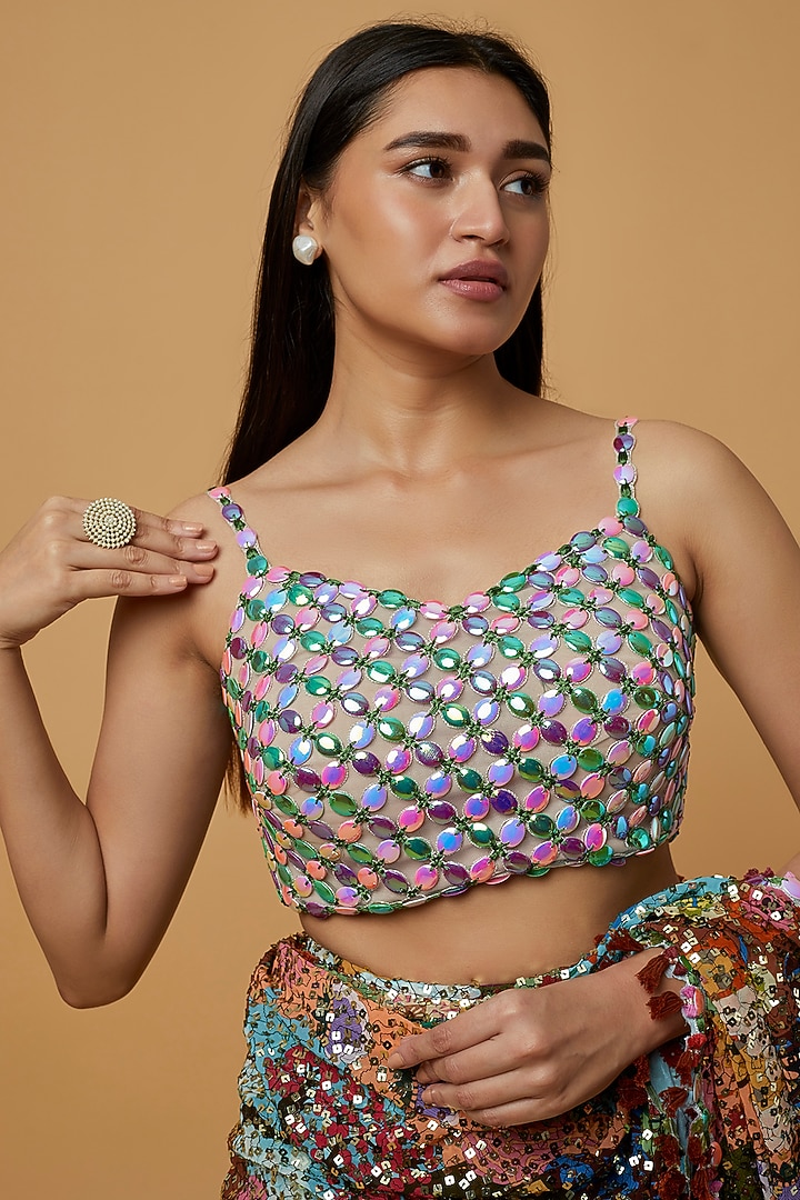 Multi-Colored Georgette Sequins Embroidered Bridal Saree Set by Aisha Rao at Pernia's Pop Up Shop