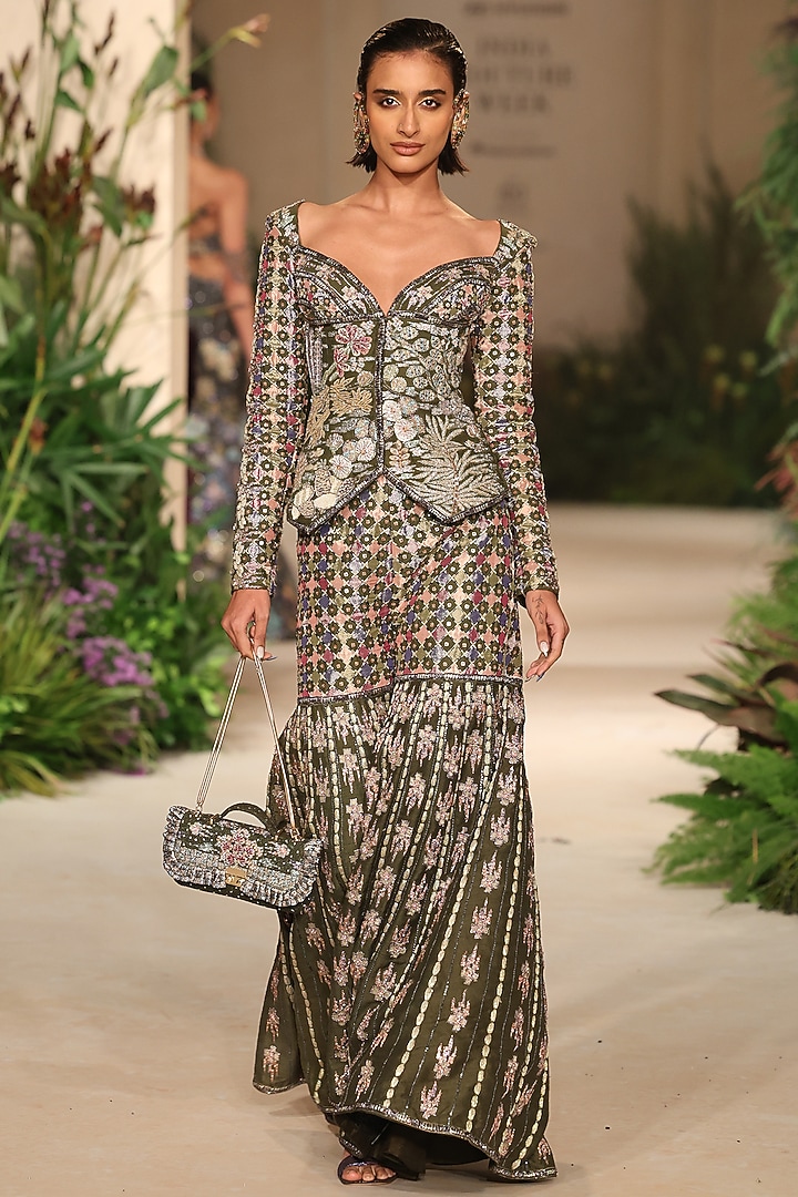 Lush Green Raw Silk Applique Embellished Bridal Sharara Set by Aisha Rao at Pernia's Pop Up Shop