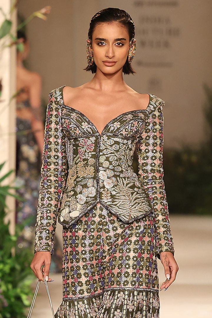 Lush Green Raw Silk Applique Embellished Bridal Sharara Set by Aisha Rao at Pernia's Pop Up Shop