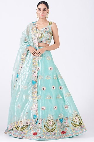 Light Blue Embellished Lehenga Set by Aisha Rao