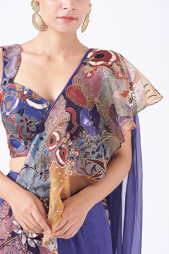 Violet Organza Printed Ruffled Reception Saree Set by Aisha Rao at Pernia's Pop Up Shop