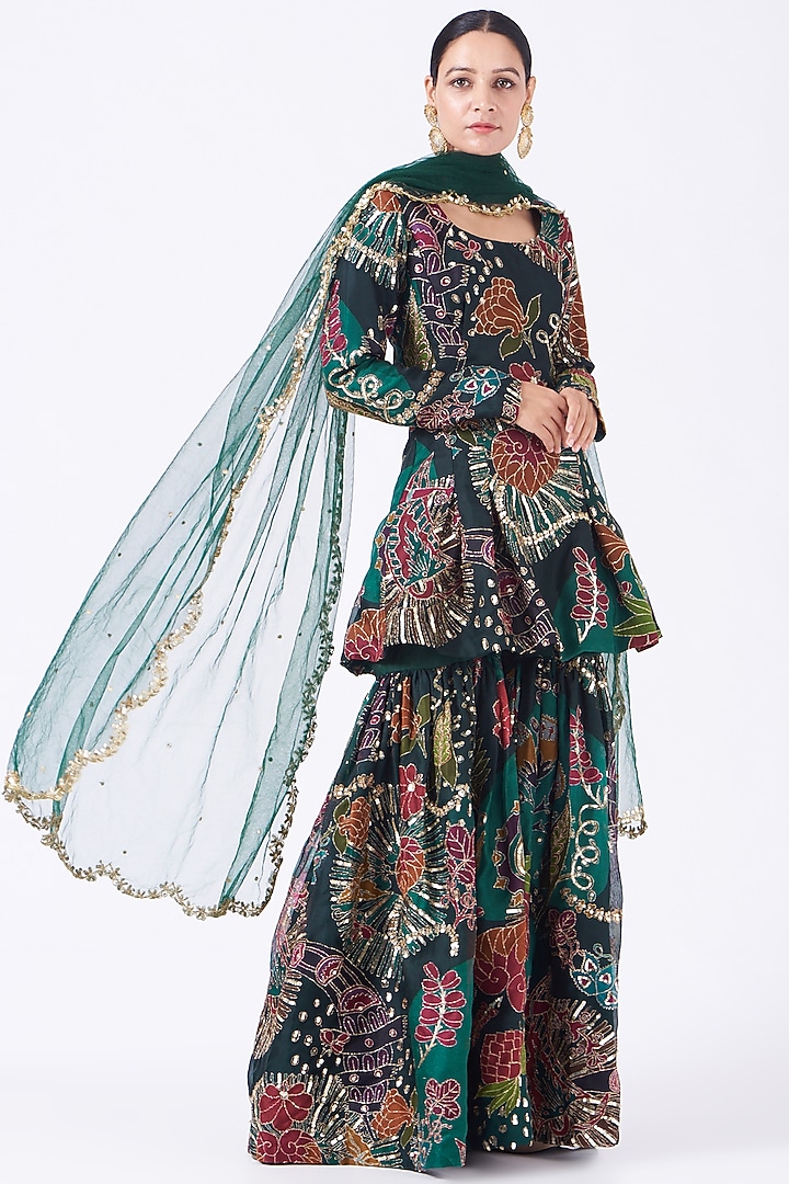 Bottle Green Embellished Bridal Sharara Set by Aisha Rao at Pernia's Pop Up Shop