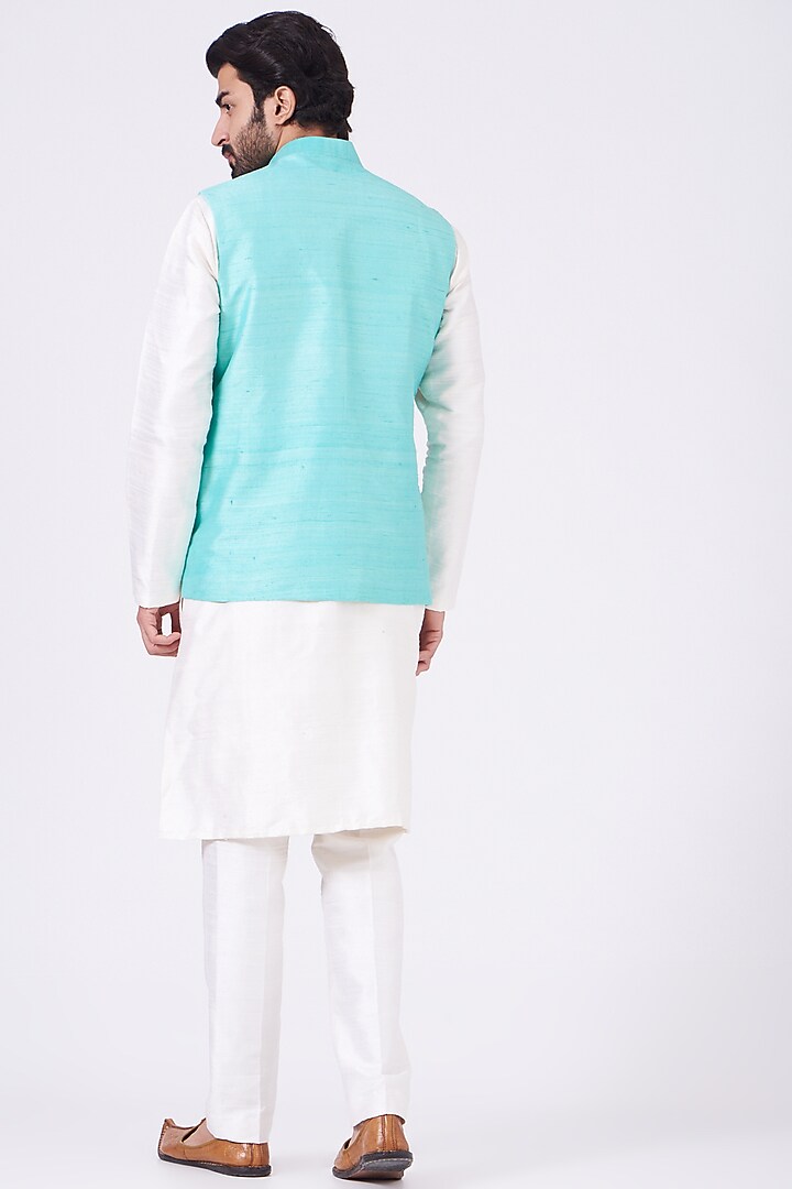 Scuba Blue Raw Silk Embellished Bundi Jacket Set by Aisha Rao Men at Pernia's Pop Up Shop