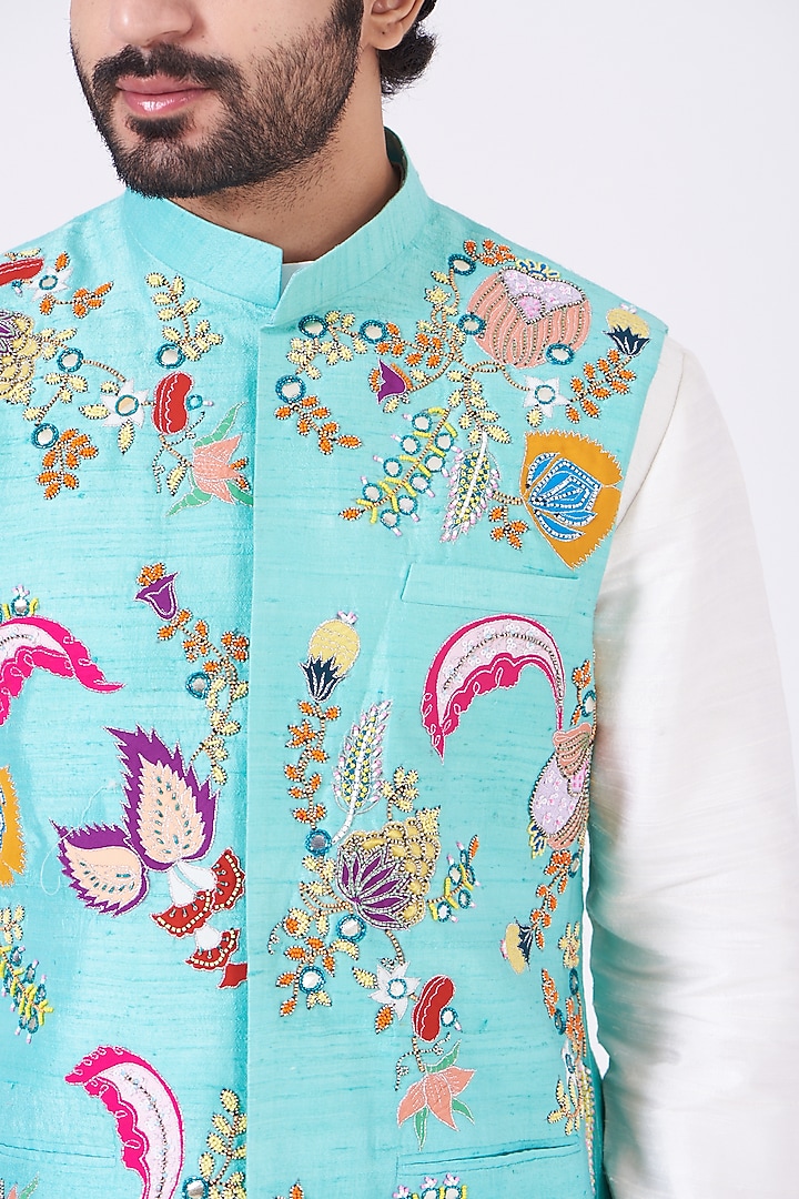 Scuba Blue Raw Silk Embellished Bundi Jacket Set by Aisha Rao Men at Pernia's Pop Up Shop