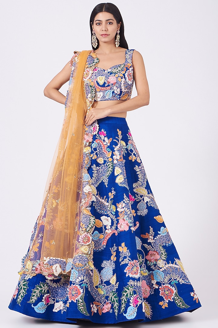 Electric Blue Raw Silk Bridal Lehenga Set by Aisha Rao at Pernia's Pop Up Shop