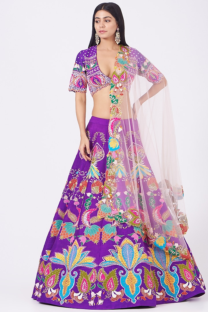 Purple Hand Embellished Lehenga Set by Aisha Rao