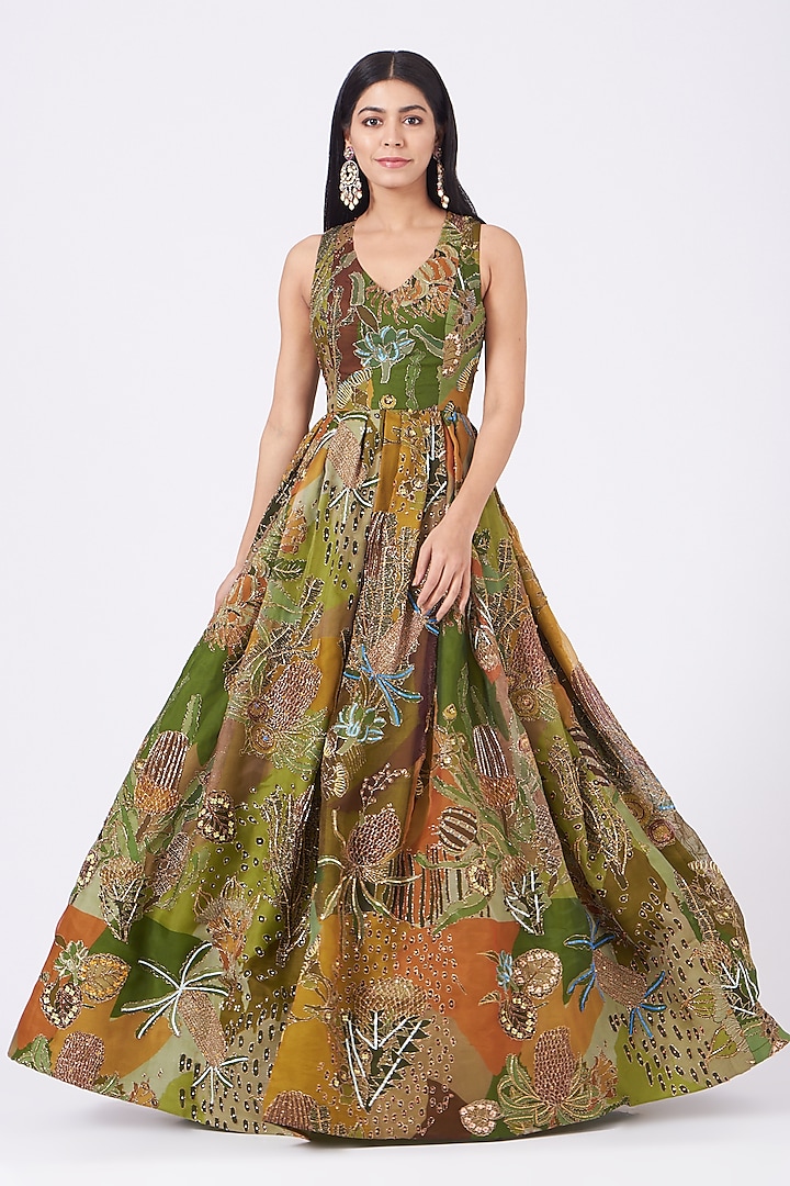 Olive Green Embellished Gown by Aisha Rao