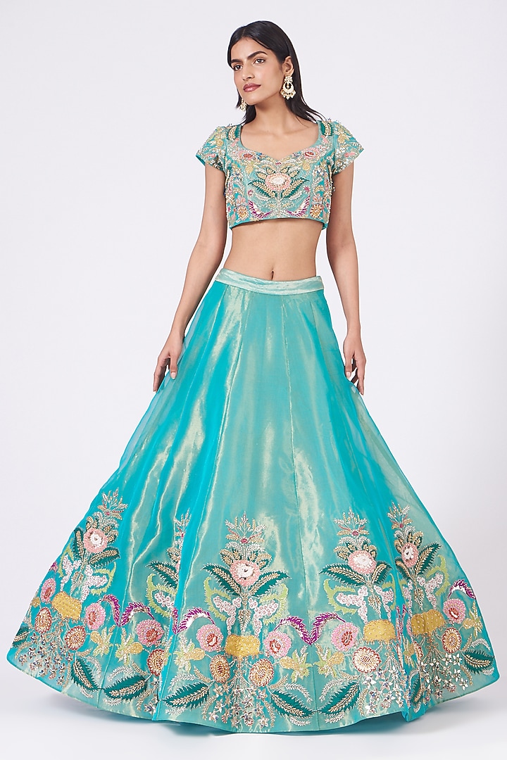 Turquoise Embellished Bridal Lehenga Set by Aisha Rao at Pernia's Pop Up Shop