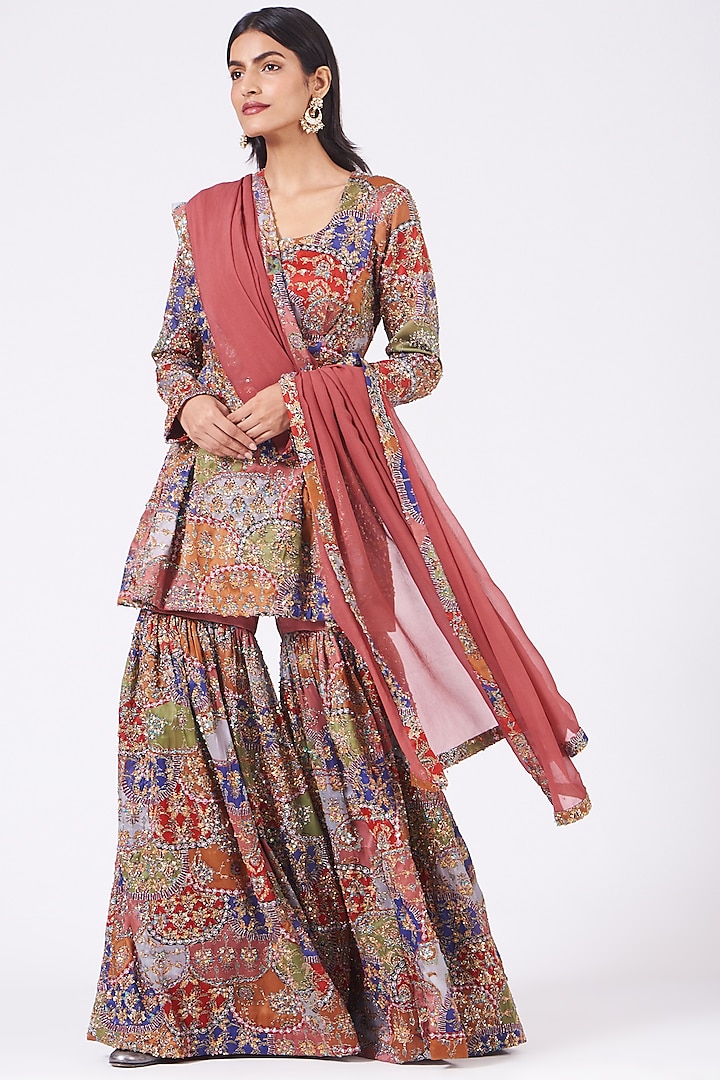 Multi-Colored Printed & Embellished Sharara Set by Aisha Rao