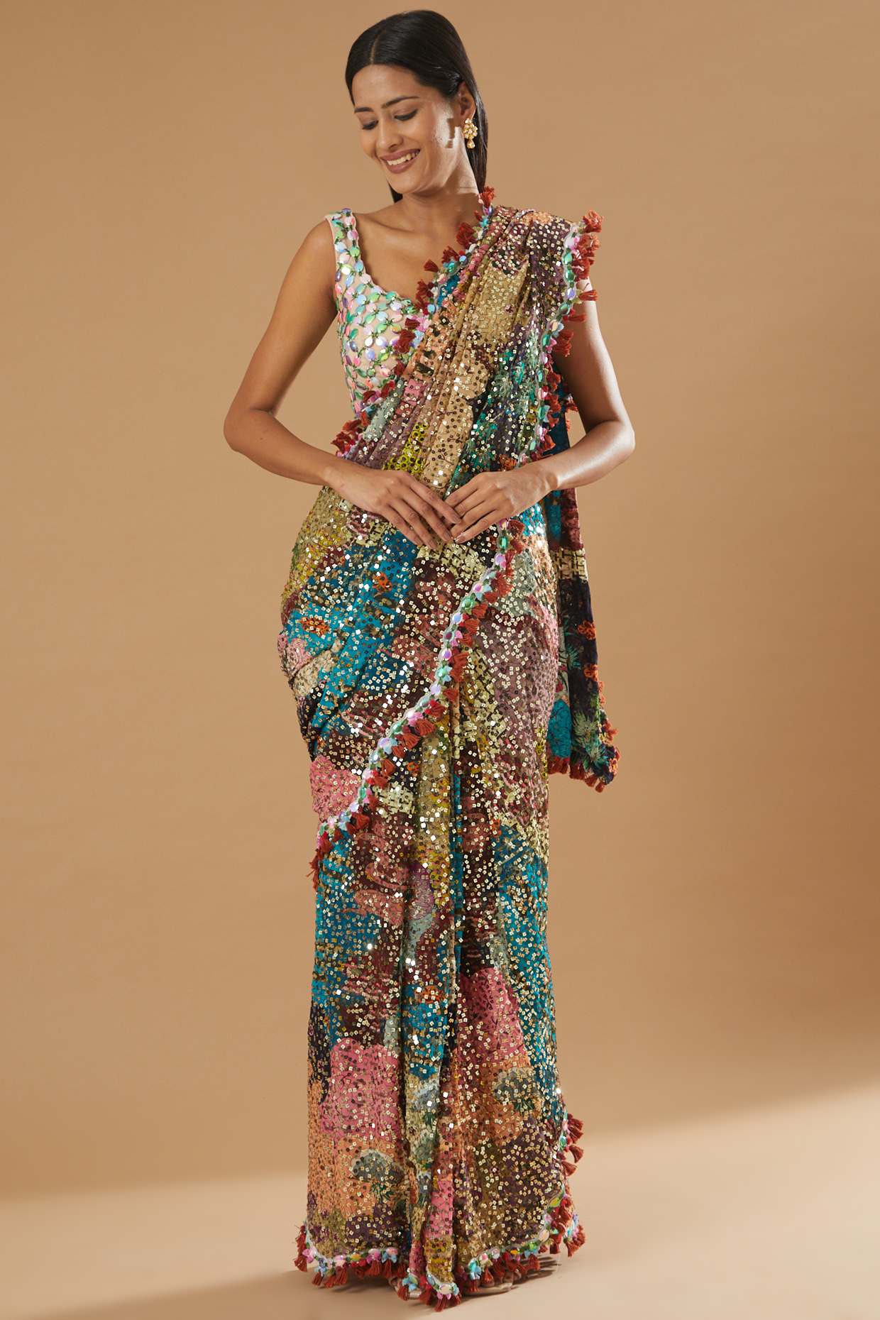 Multi-Colored Georgette Sequins Embroidered Saree Set by Aisha Rao