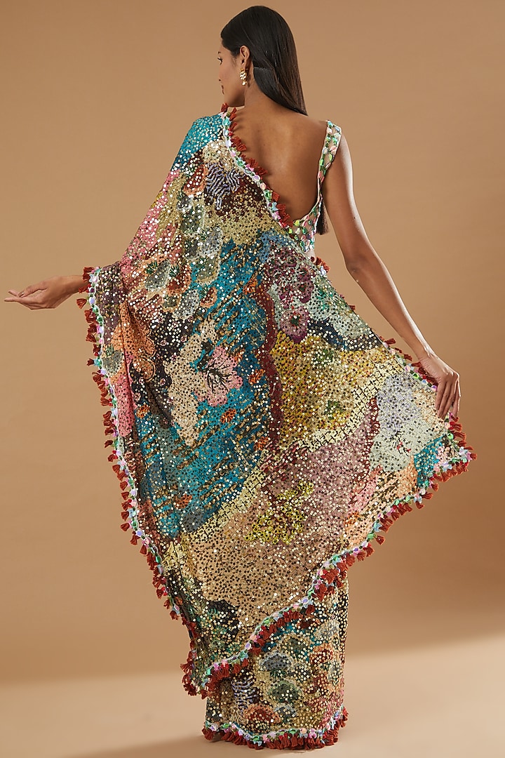 Multi-Colored Georgette Sequins Embroidered Bridal Saree Set by Aisha Rao at Pernia's Pop Up Shop